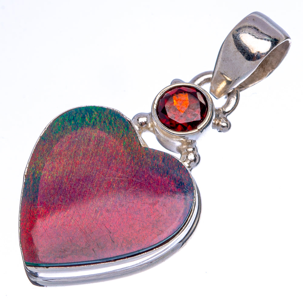 Rare Sterling Opal Heart, Garnet Pendant 1 3/8" (925 Sterling Silver) P40455