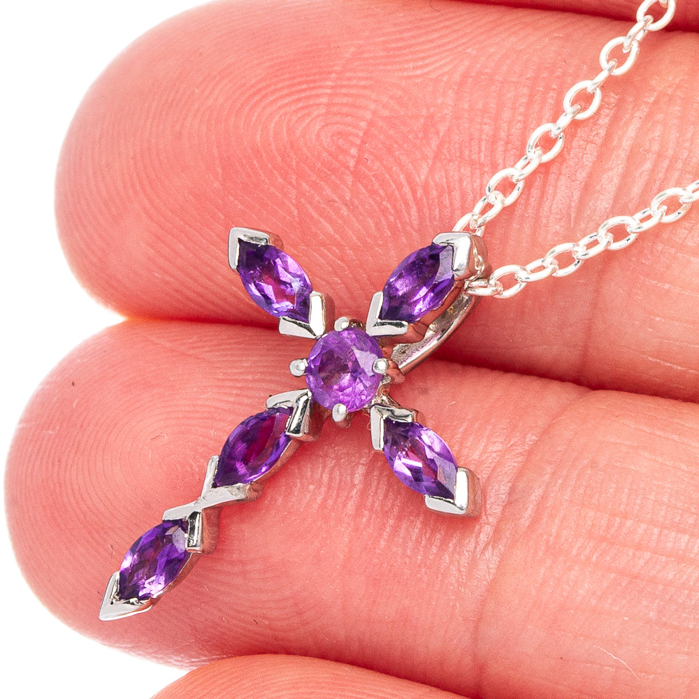 Faceted Amethyst Cross Necklace 18" (925 Sterling Silver) N90066
