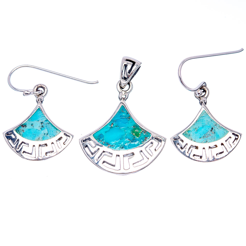 Native Style Mohave Turquoise Fan Pendant & Earrings Set 1 1/4" (.925 Sterling Silver)