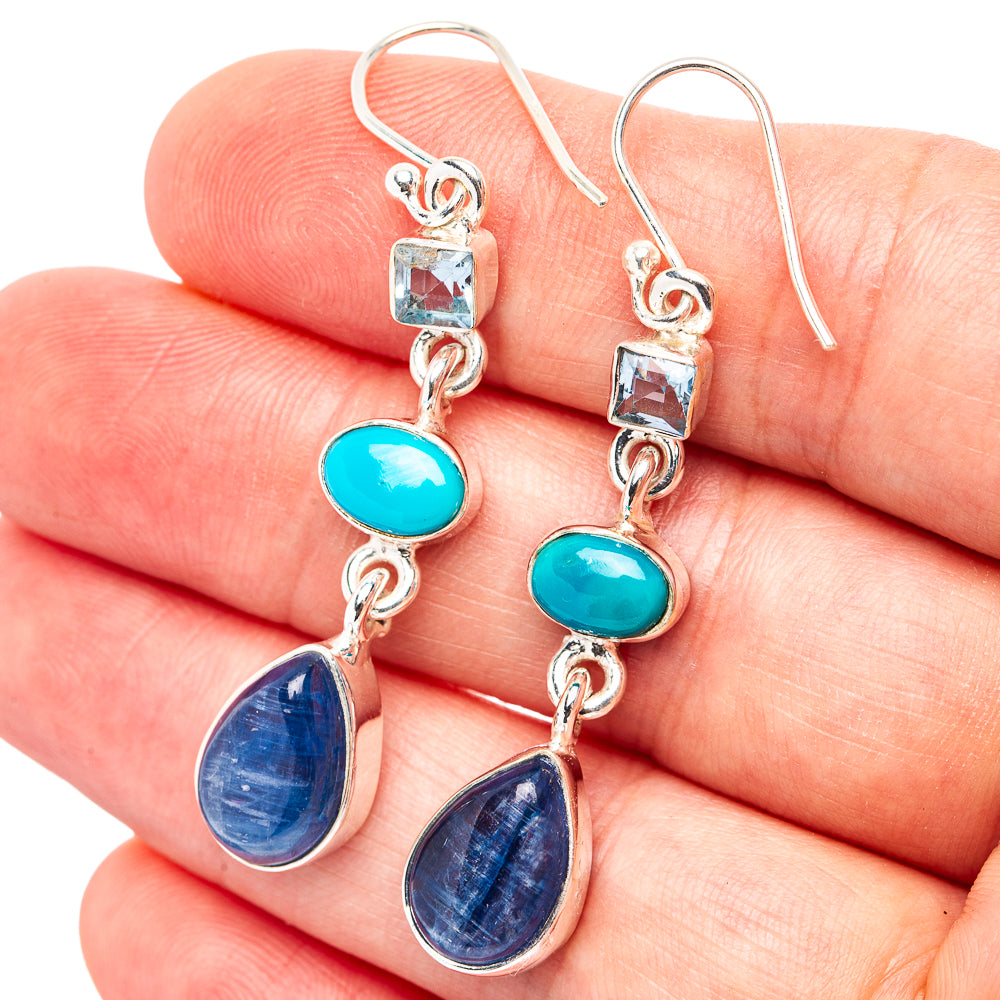 Premium Kyanite, Turquoise, Blue Topaz Earrings 1 7/8" (.925 Sterling Silver)