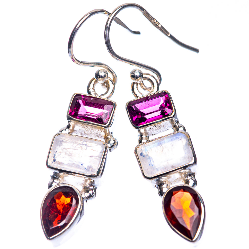 Rainbow Moonstone, Garnet Earrings 1 1/2" (925 Sterling Silver) E432702