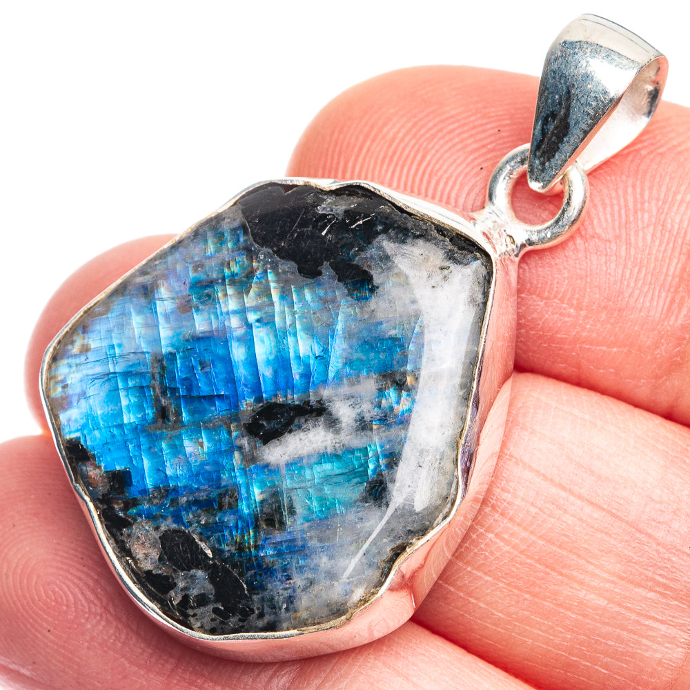 Raw Rainbow Moonstone Pendant 1 3/8" (925 Sterling Silver) P39352