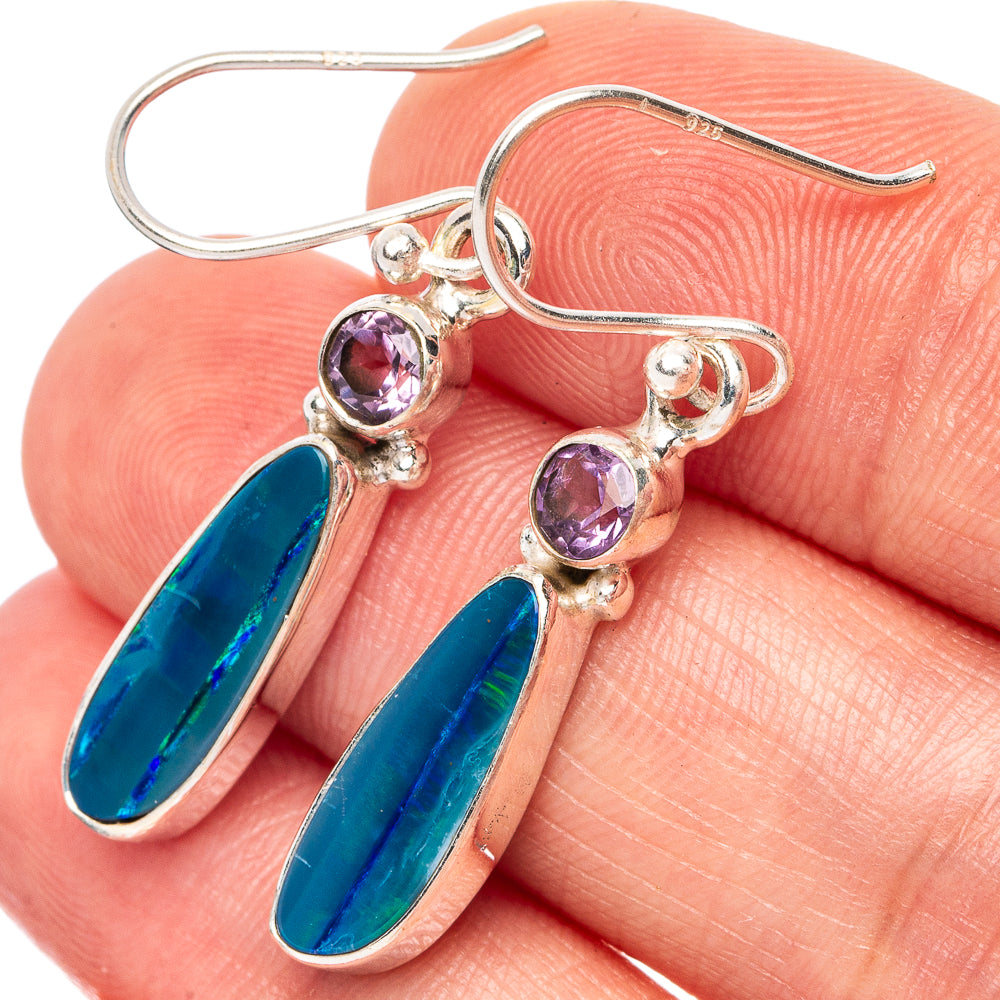 Rare Doublet Opal, Amethyst Earrings 1 1/2" (925 Sterling Silver) E2542