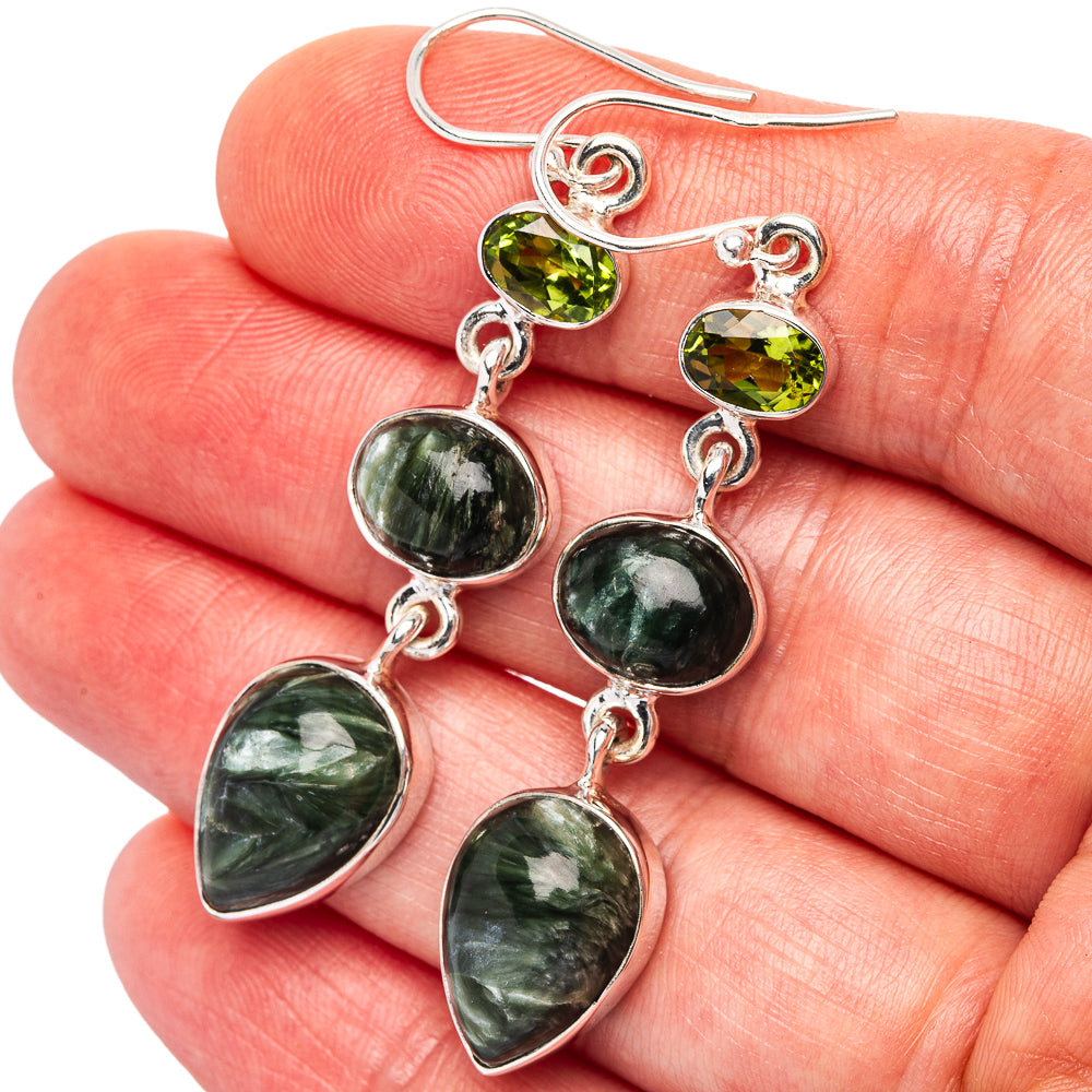 Premium Seraphinite, Peridot Earrings 2 1/4" (.925 Sterling Silver)
