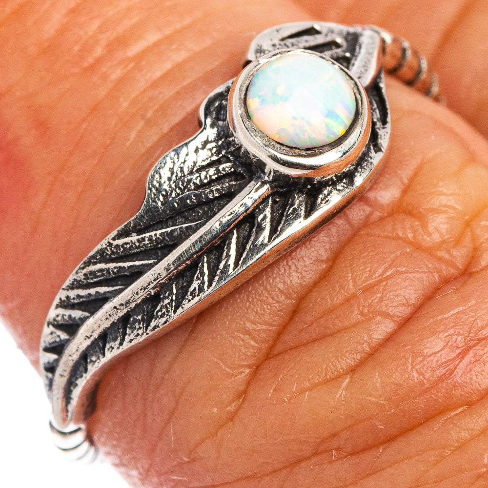 Lab Opal Feather Dainty Ring Size 6.75 (.925 Sterling Silver)
