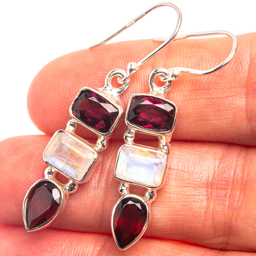 Rainbow Moonstone, Garnet Earrings 1 1/2" (925 Sterling Silver) E432421