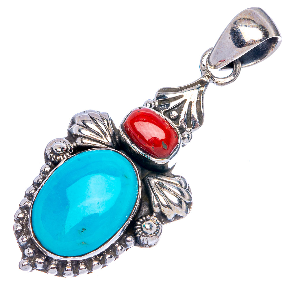Tibetan Turquoise, Red Coral Pendant 1 5/8" (925 Sterling Silver) P40185