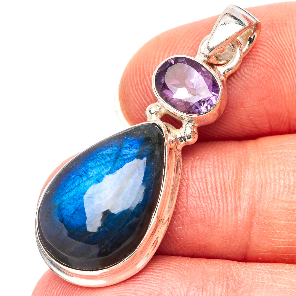 Labradorite, Amethyst Pendant 1 5/8" (.925 Sterling Silver)
