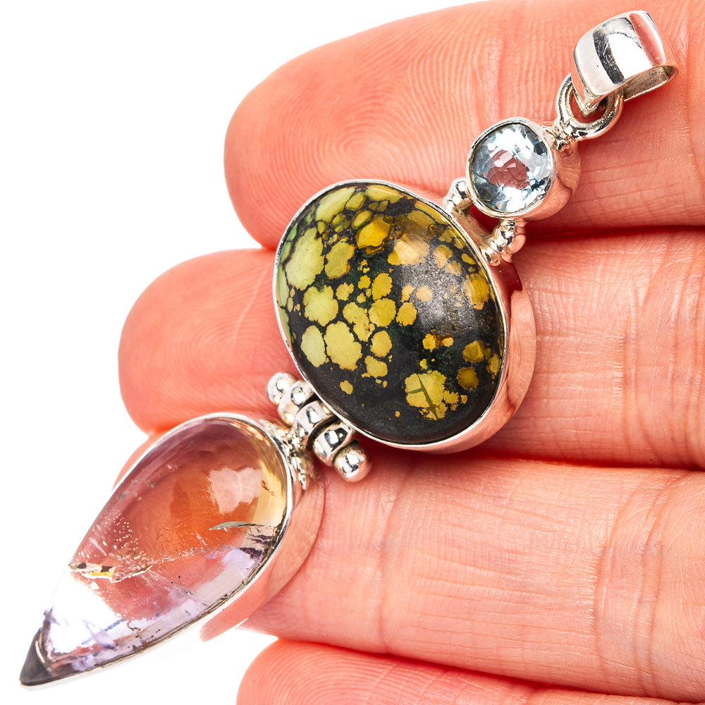 Premium Tibetan Turquoise, Ametrine, Blue Topaz Pendant 2 1/2" (.925 Sterling Silver)