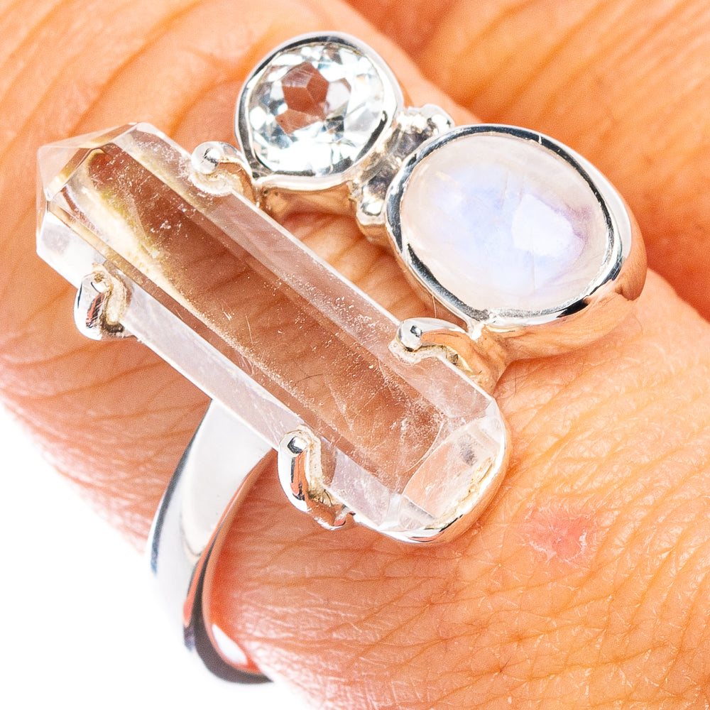 Premium Quartz Point, Rainbow Moonstone, White Quartz Ring Size 8.75 (925 Sterling Silver) R8032