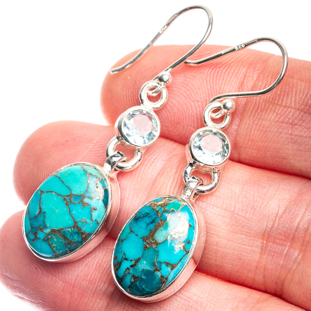 Blue Copper Composite Turquoise, Blue Topaz Earrings 1 5/8" (925 Sterling Silver) E432698