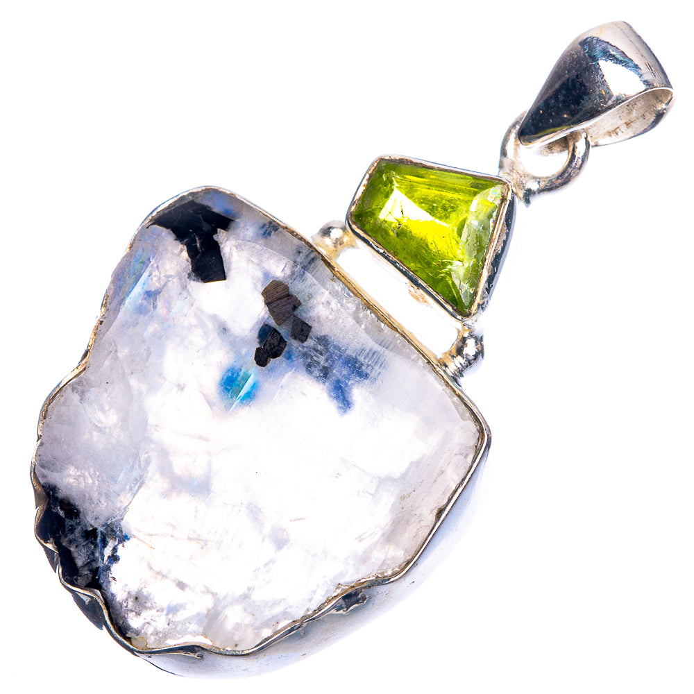 Raw Rainbow Moonstone, Peridot Pendant 1 3/4" (925 Sterling Silver) P39170