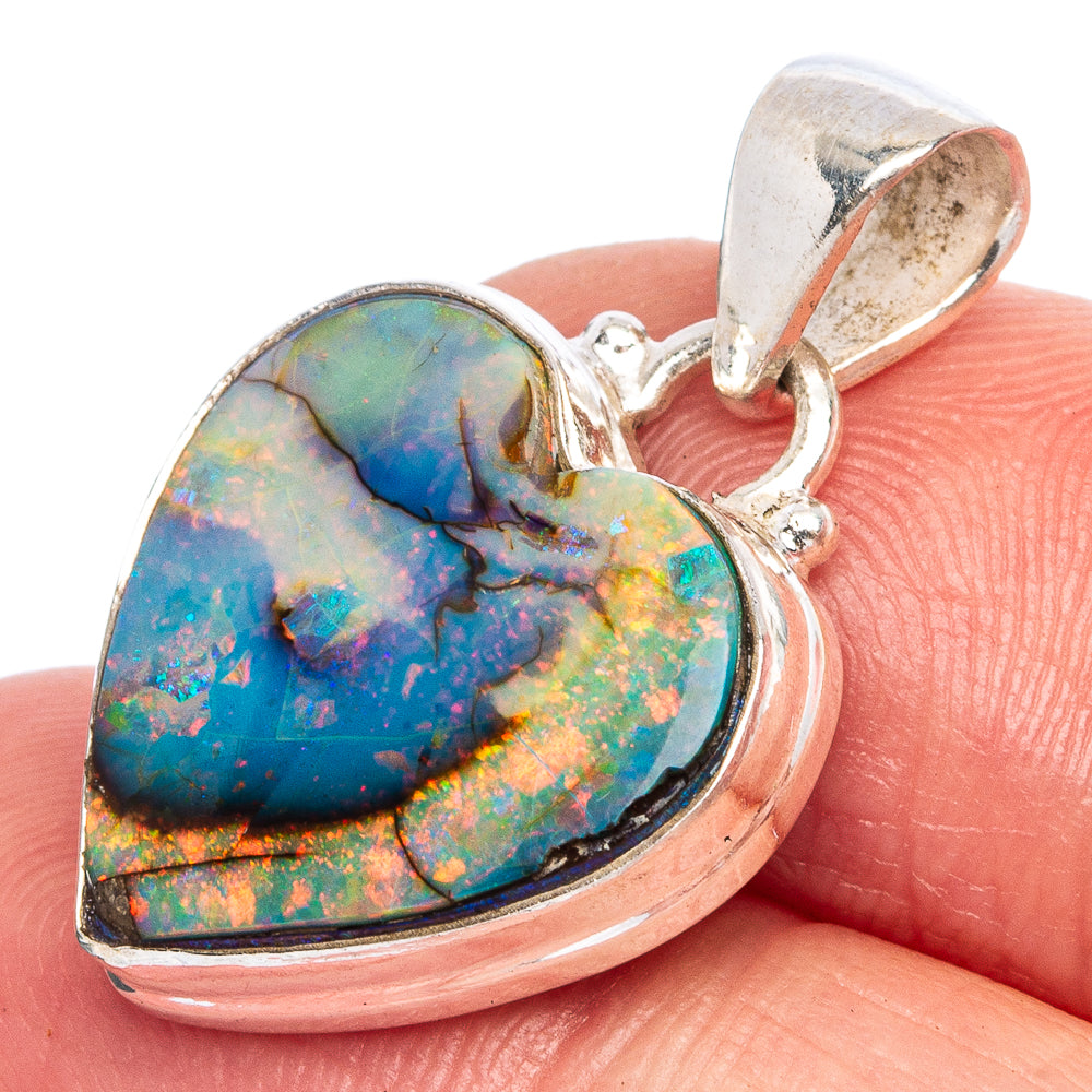 Rare Sterling Opal Heart Pendant 1 1/8" (925 Sterling Silver) P40459