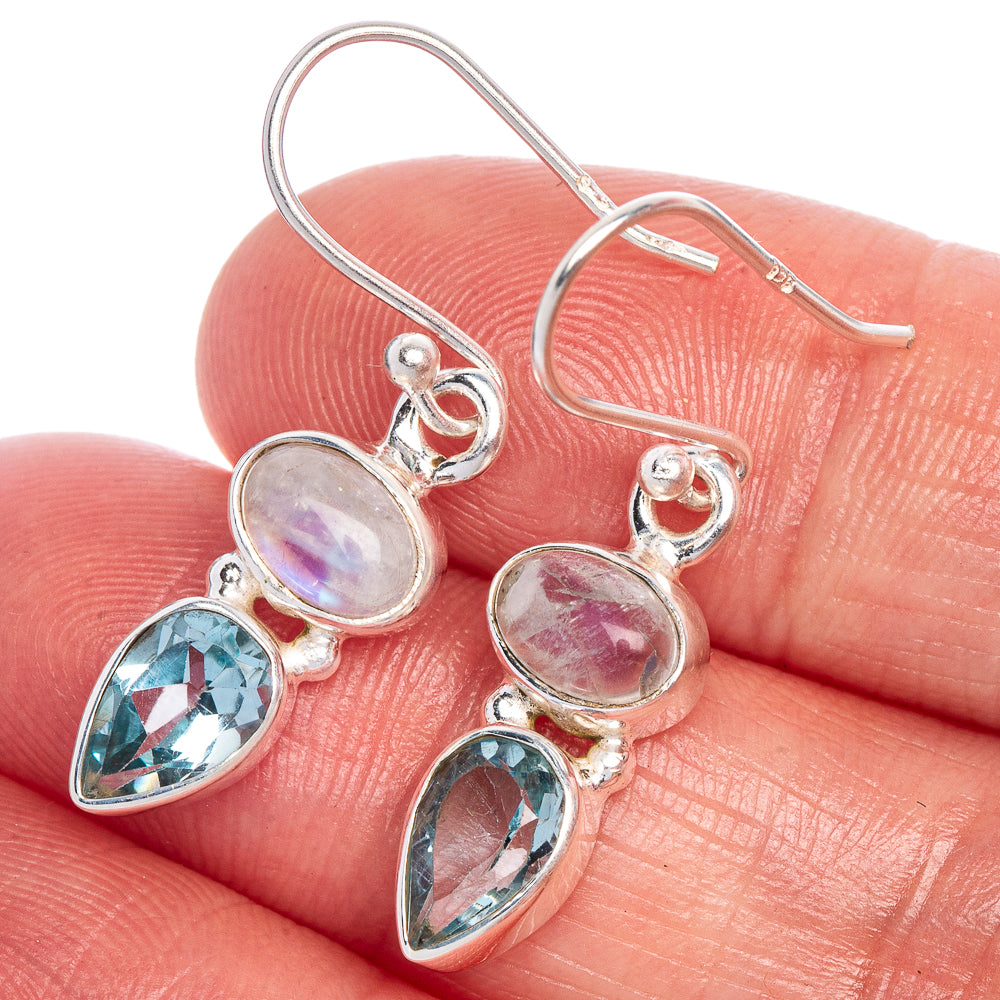 Rainbow Moonstone, Blue Topaz Earrings 1 3/8" (925 Sterling Silver) E1020