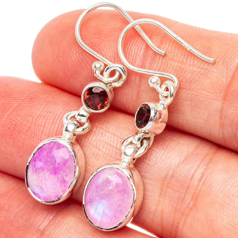 Pink Moonstone, Garnet Earrings 1 1/2" (925 Sterling Silver) E2637