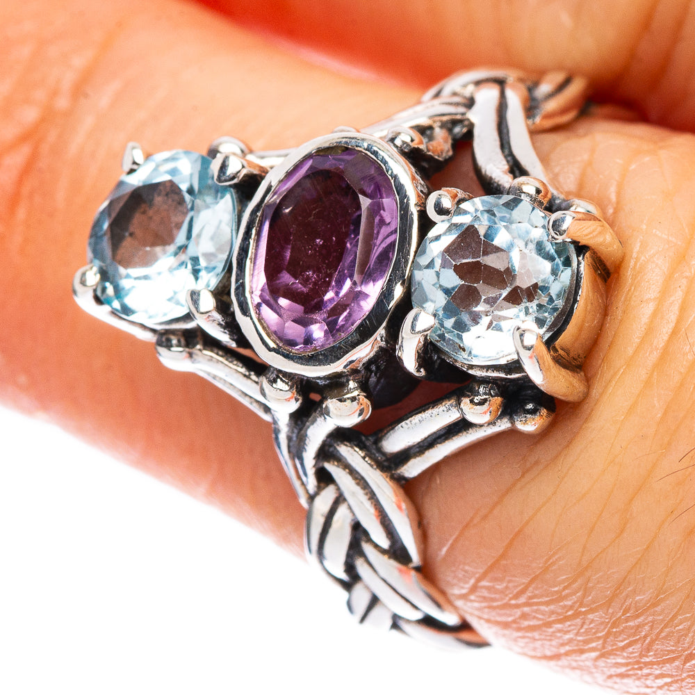 Faceted Amethyst, Blue Topaz Ring Size 6.75 (925 Sterling Silver) R2488