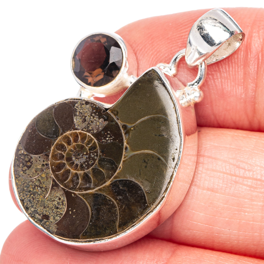 Ammonite Fossil, Smoky Quartz Pendant 1 3/8" (925 Sterling Silver) P40236
