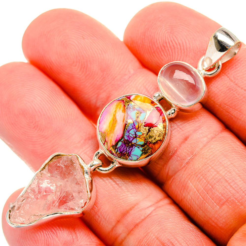 Rough Rose Quartz, Kingman Pink Dahlia Turquoise, Aquamarine 925 Sterling Silver Pendant 2 1/2" (925 Sterling Silver) PD38441
