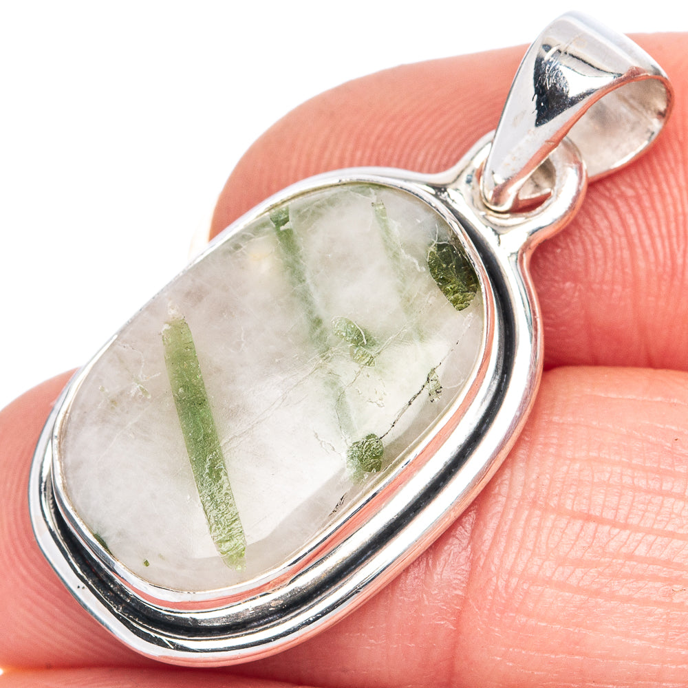 Green Tourmaline In Quartz Pendant 1 1/4" (925 Sterling Silver) P41461