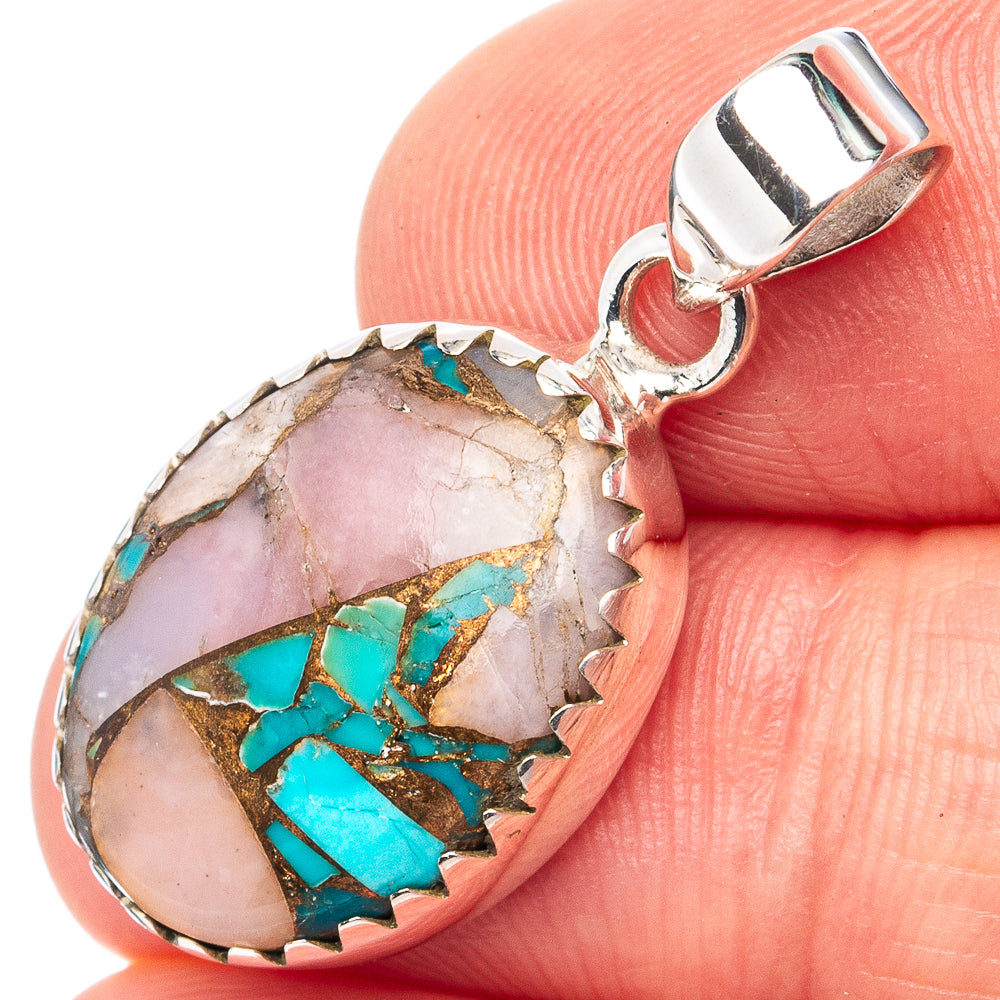 Pink Opal In Turquoise Pendant 1 1/8" (.925 Sterling Silver)