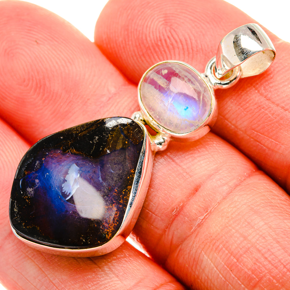 Boulder Opal, Rainbow Moonstone 925 Sterling Silver Pendant 1 3/4" (925 Sterling Silver) PD38428