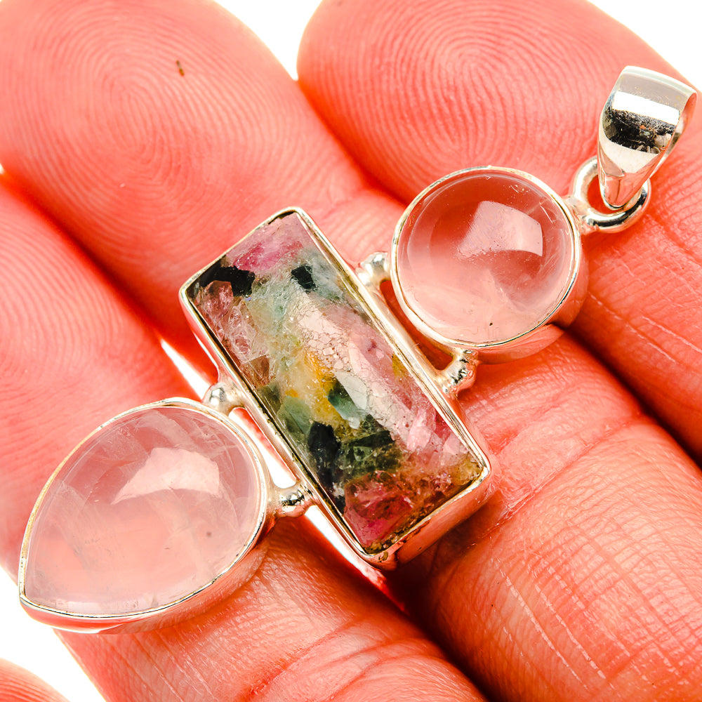Natural Tourmaline, Rose Quartz 925 Sterling Silver Pendant 2" (925 Sterling Silver) PD38309