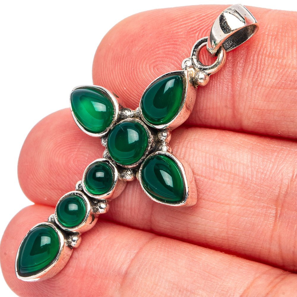 Green Onyx Cross Pendant 1 3/4" (925 Sterling Silver) P45453