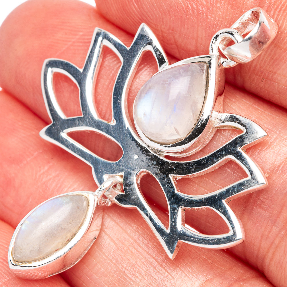 Rainbow Moonstone Lotus Dainty Pendant 1 5/8" (925 Sterling Silver) P43564