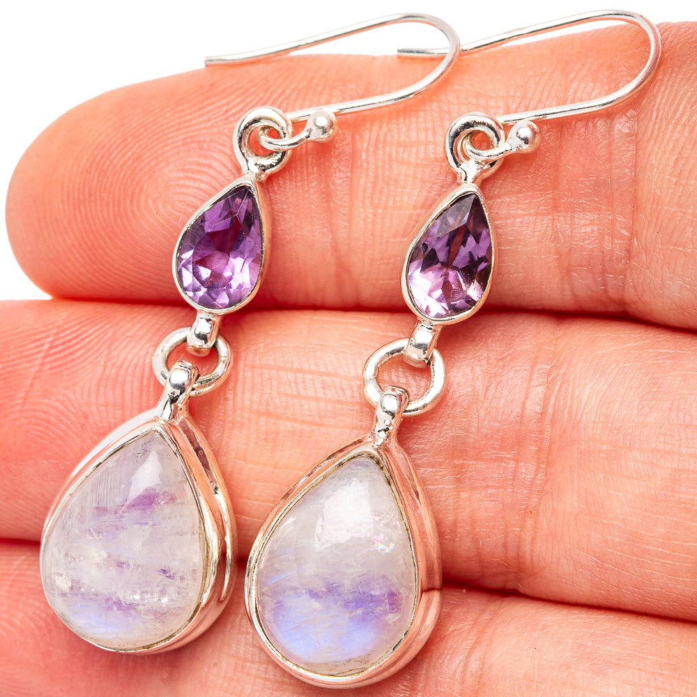 Rainbow Moonstone, Amethyst Earrings 1 7/8" (.925 Sterling Silver)