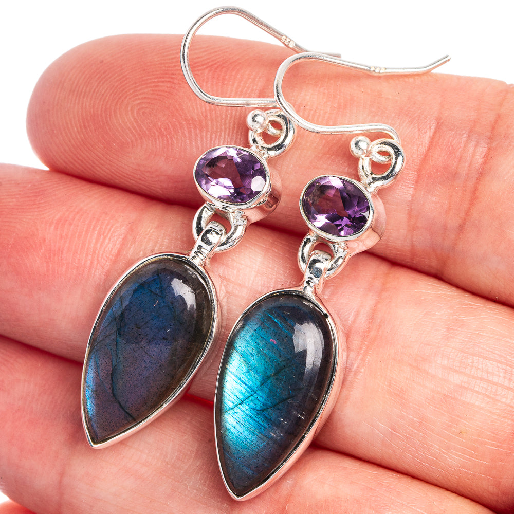 Labradorite, Amethyst Earrings 1 3/4" (925 Sterling Silver) E433030