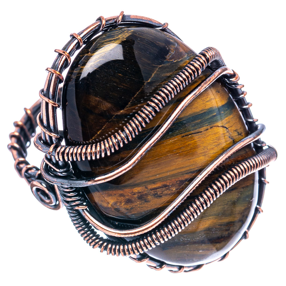 Blue Tiger's Eye Wire Wrap Ring Size 9.5 (Oxidized Copper)