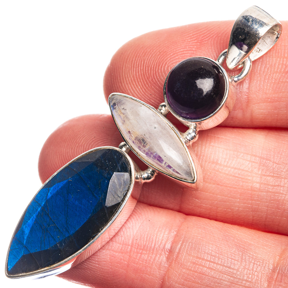 Labradorite, Rainbow Moonstone, Amethyst 925 Sterling Silver Pendant 2 1/8"