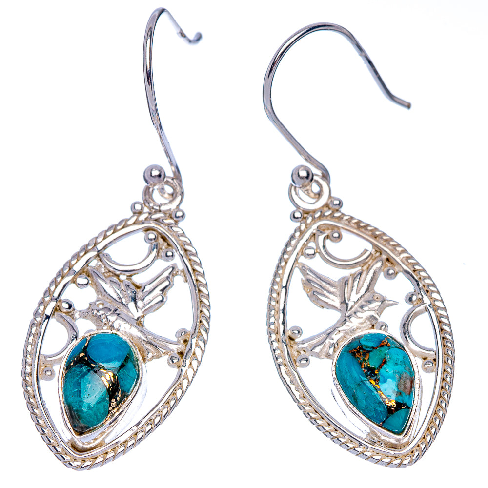 Blue Copper Composite Turquoise Hummingbird Earrings 1 5/8" (925 Sterling Silver) E433405