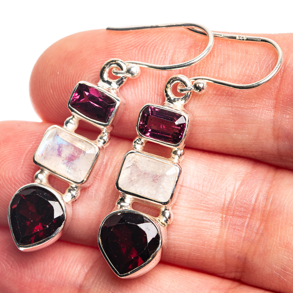 Rainbow Moonstone, Garnet Earrings 1 5/8" (925 Sterling Silver) E432759