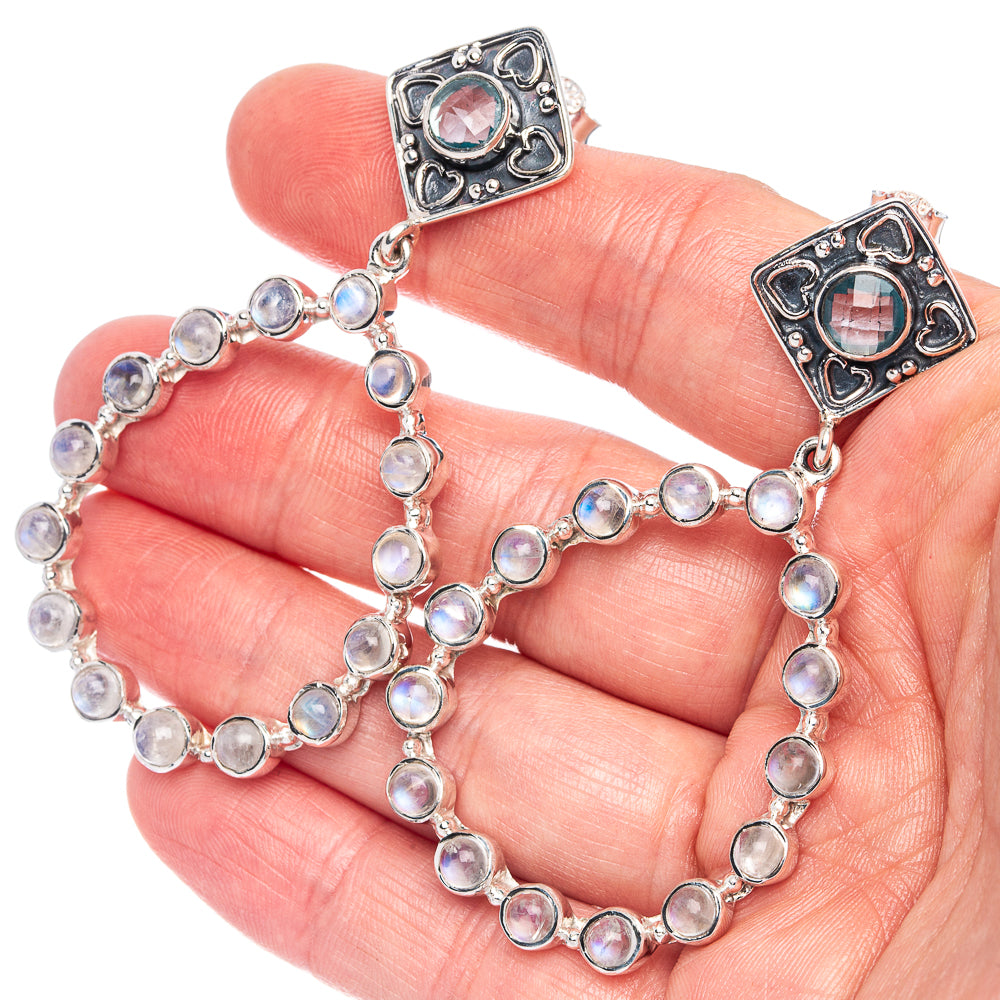 Signature Blue Topaz, Rainbow Moonstone Earrings 2 5/8" (925 Sterling Silver) E1354