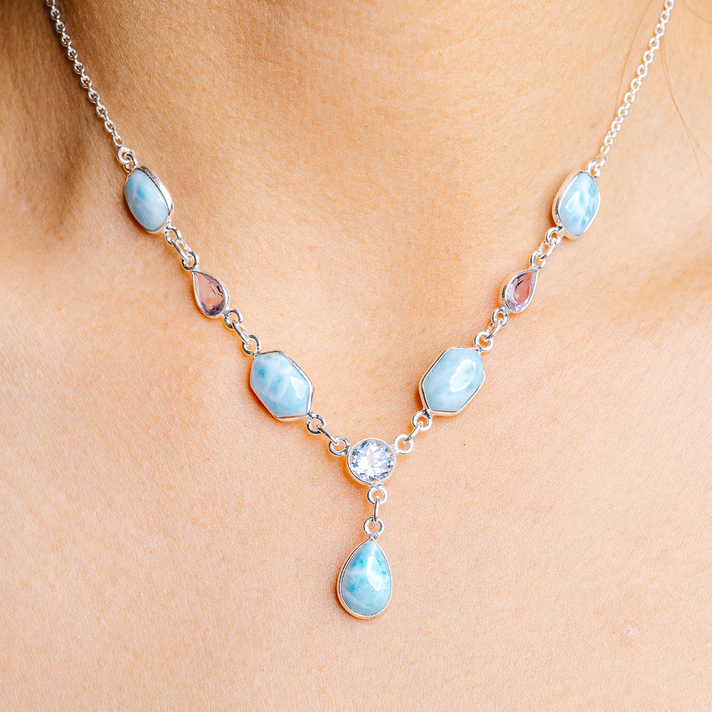Larimar, Blue Topaz, Amethyst Necklace 16 to 17" (.925 Sterling Silver)