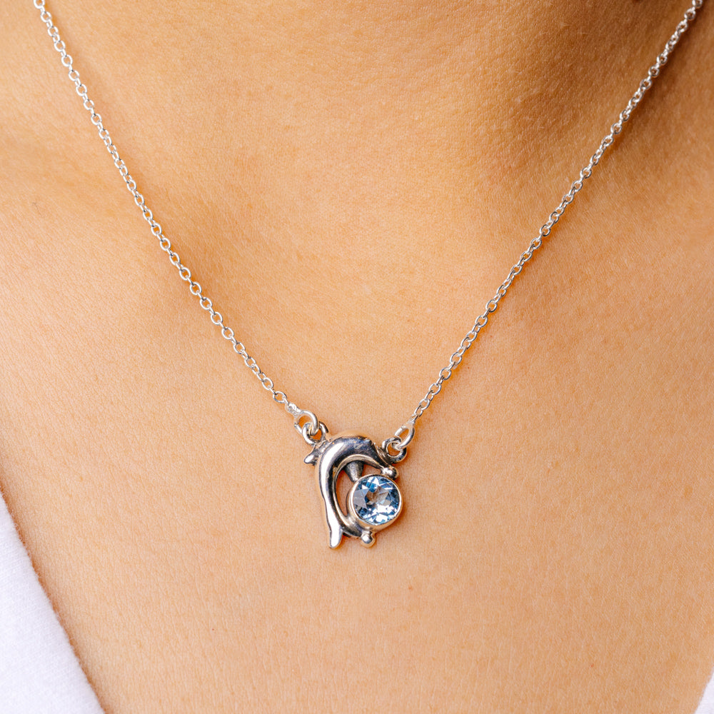 Blue Topaz Dolphin Necklace 16 1/2 To 18 1/4" (925 Sterling Silver) N90145