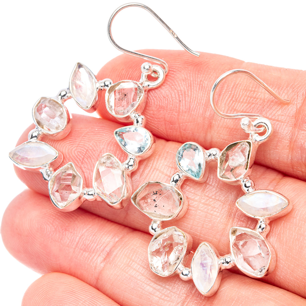 Premium Rainbow Moonstone, Herkimer Diamond, Blue Topaz Earrings 1 5/8" (925 Sterling Silver) E1284