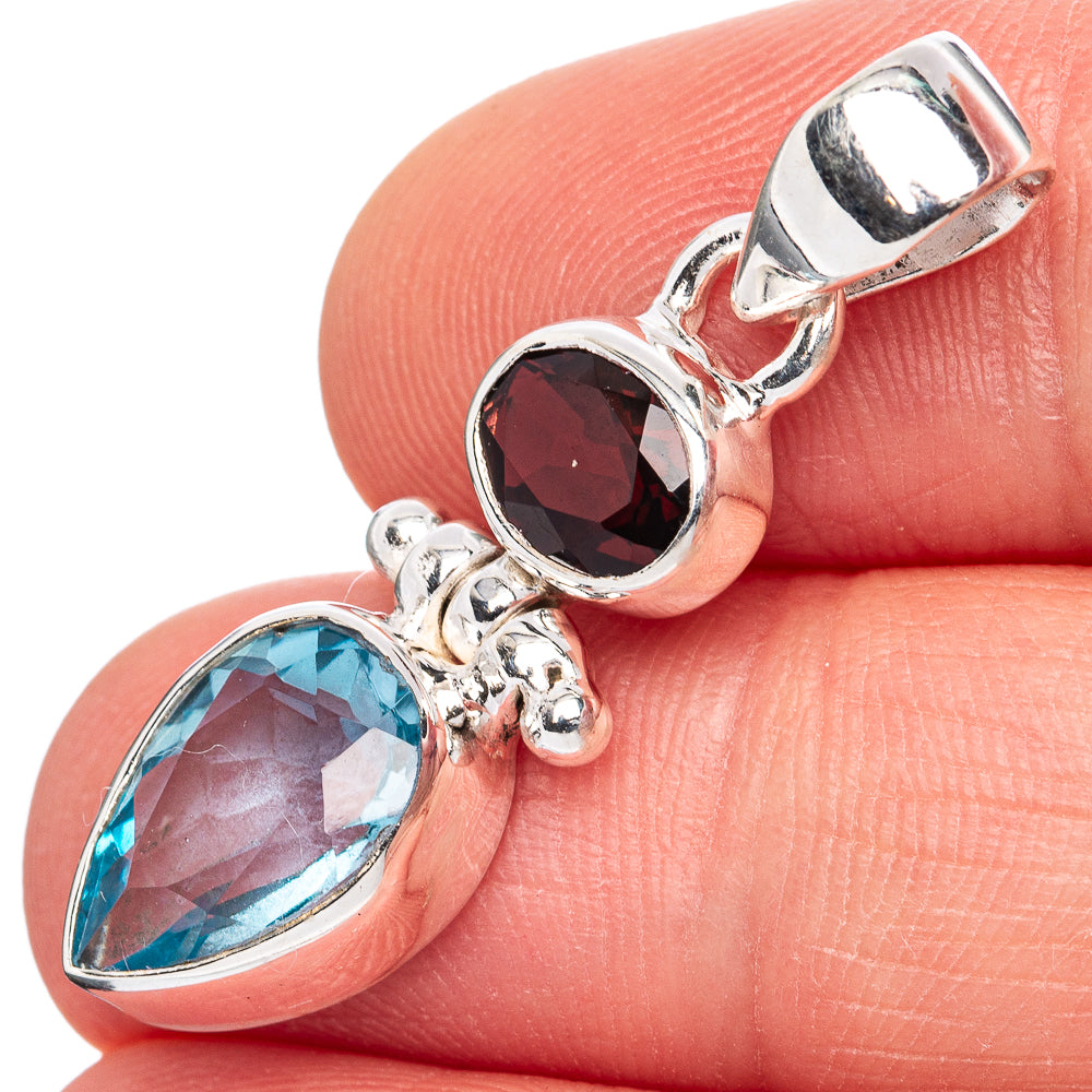 Value Blue Topaz, Garnet Pendant 1 3/8" (925 Sterling Silver) P42133