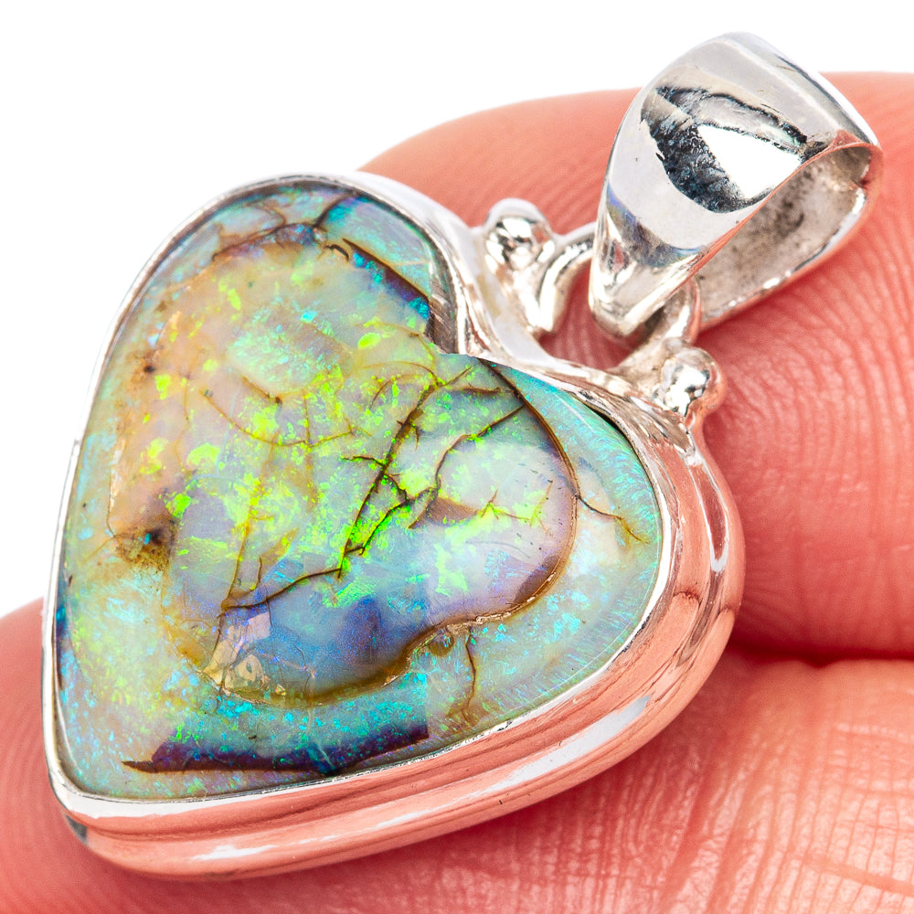 Rare Sterling Opal Heart Pendant 1 1/8" (925 Sterling Silver) P41607