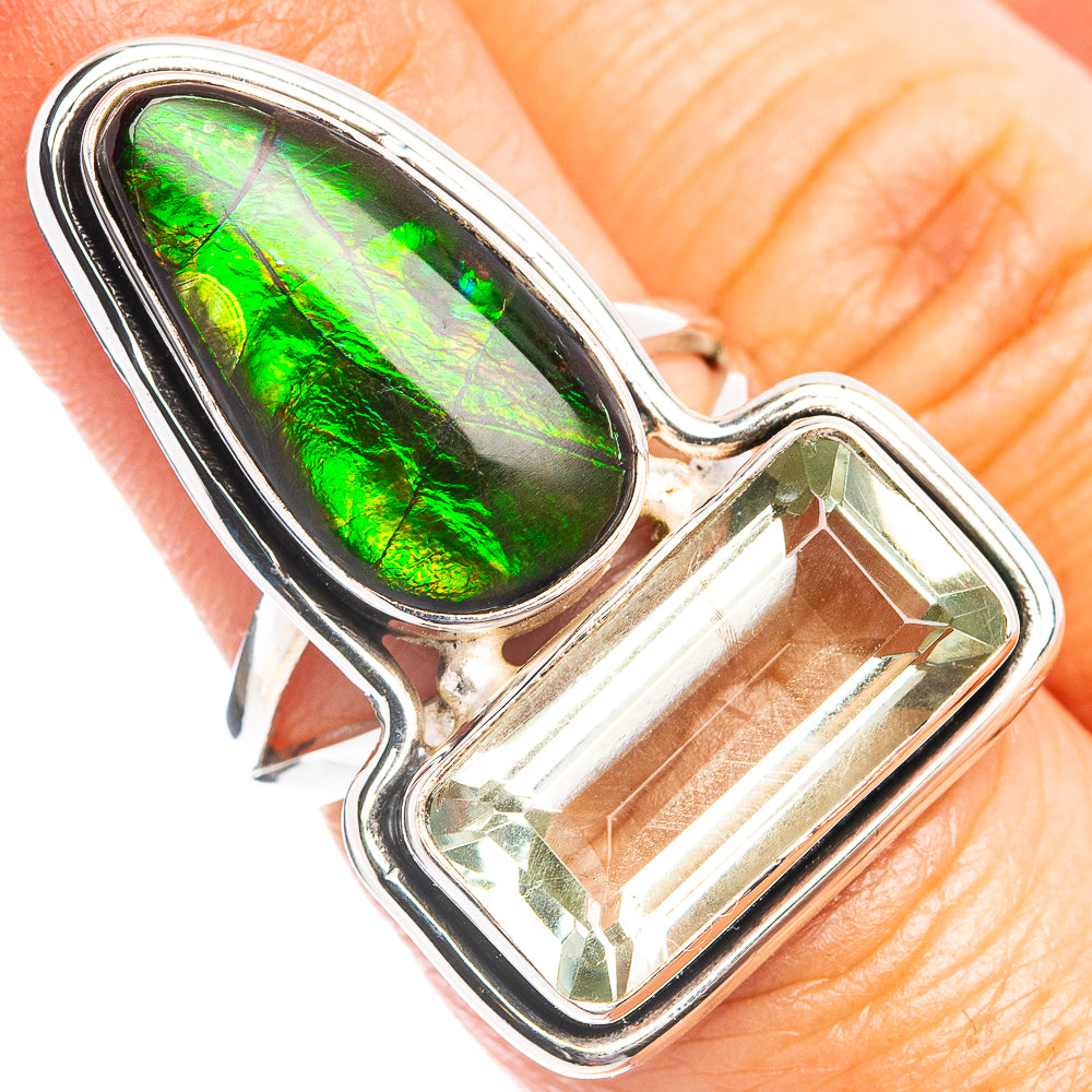 Premium Ammolite, Green Amethyst Ring Size 6 (.925 Sterling Silver)