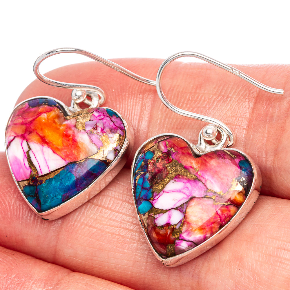 Kingman Pink Dahlia Turquoise Heart Earrings 1 1/8" (925 Sterling Silver) E1114
