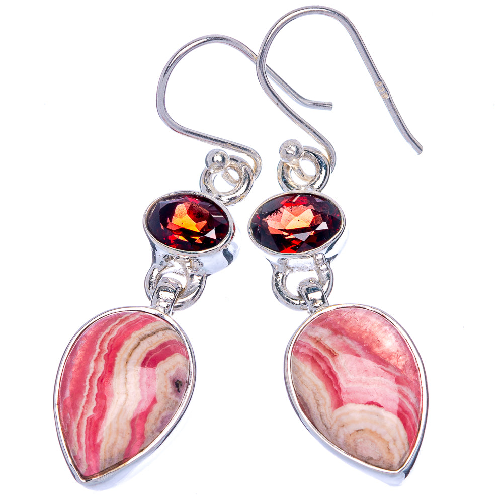 Rhodochrosite, Garnet Earrings 1 3/4" (925 Sterling Silver) E433058