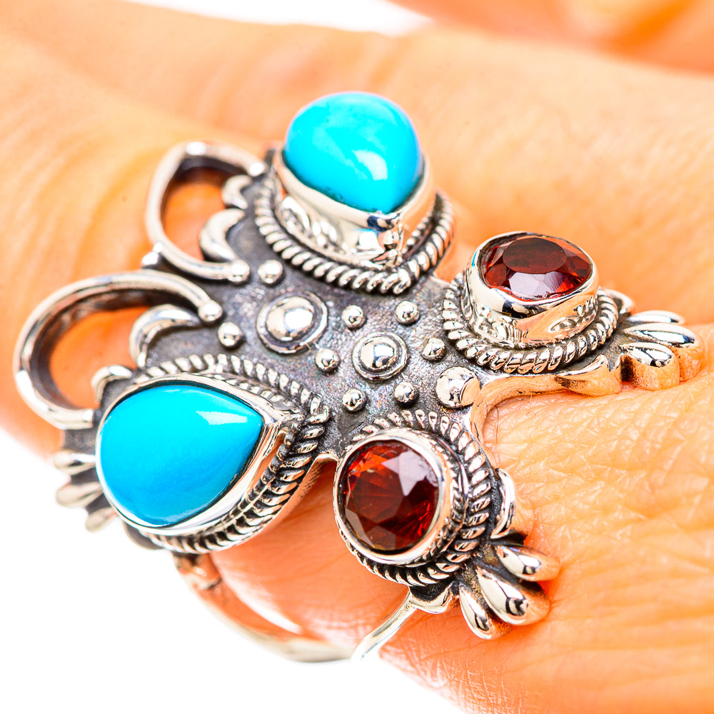 Large Sleeping Beauty Turquoise, Garnet Ring Size 7.5 (925 Sterling Silver) RING136527
