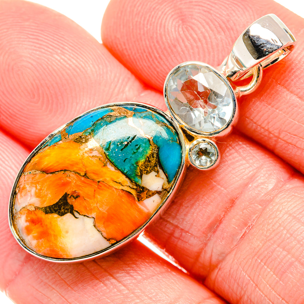 Spiny Oyster Turquoise, White Quartz Pendant 1 3/4" (925 Sterling Silver) PD36294