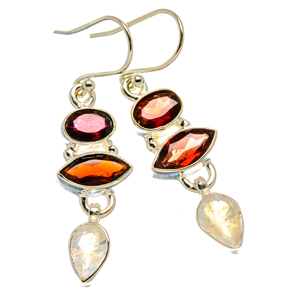 Rainbow Moonstone, Garnet Earrings 1 3/4"  (925 Sterling Silver) EARR431623