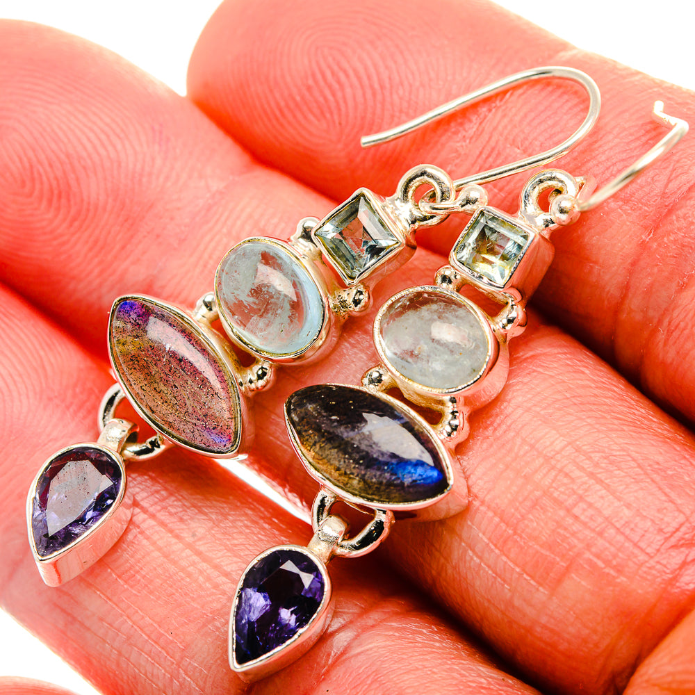 Labradorite, Tanzanite, Aquamarine, Blue Topaz Earrings 1 7/8" (925 Sterling Silver) EARR431864