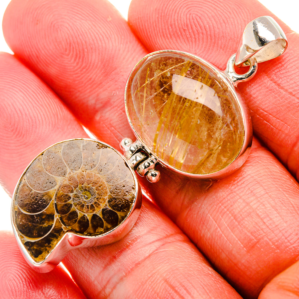 Ammonite Fossil, Rutilated Quartz 925 Sterling Silver Pendant 2 1/8" (925 Sterling Silver) PD37705