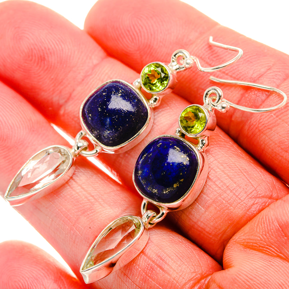 Lapis Lazuli, White Quartz, Peridot Earrings 2 1/8" (925 Sterling Silver) EARR431874