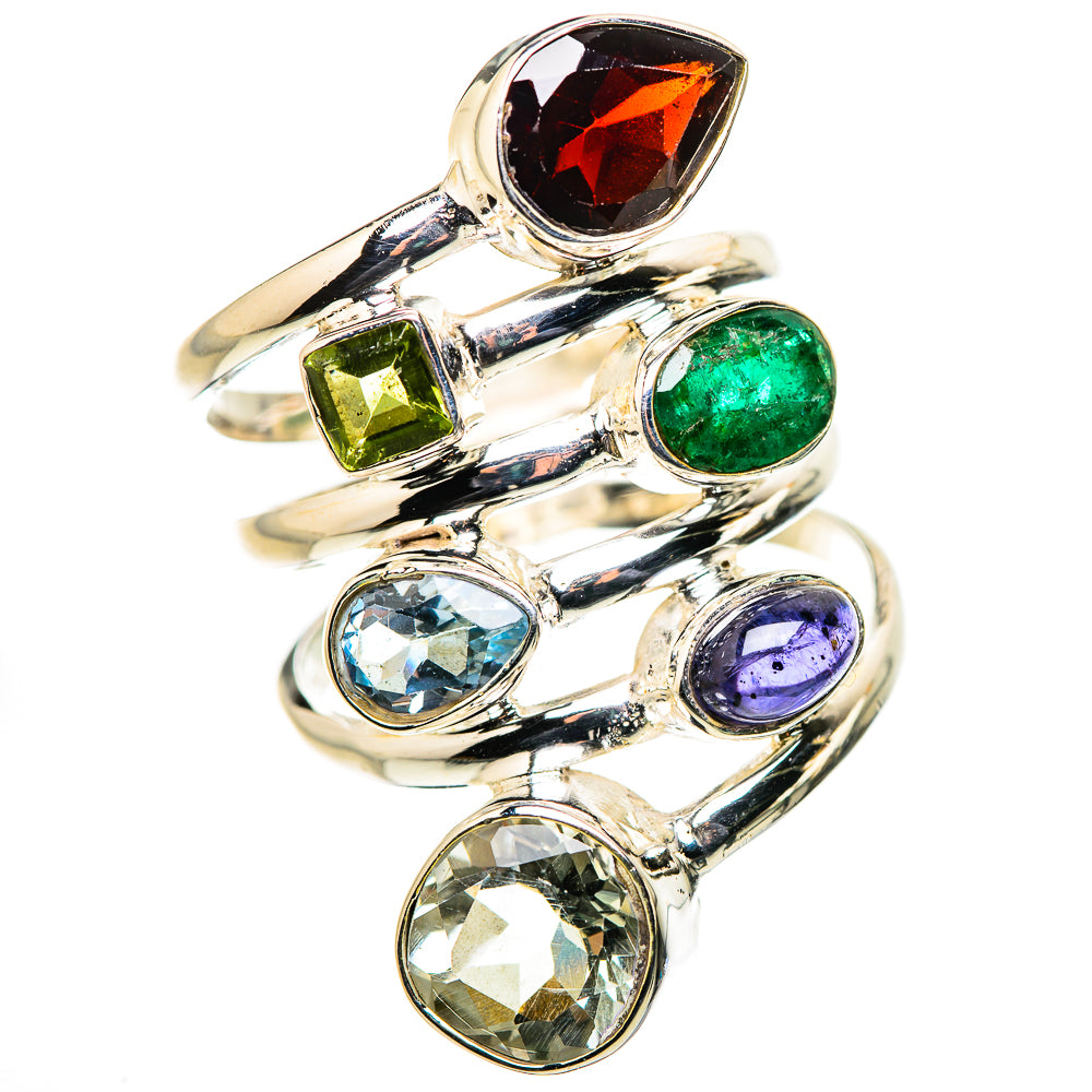 Large Garnet, White Quartz, Blue Topaz, Emerald, Tanzanite, Peridot Ring Size 8.75 (925 Sterling Silver) RING134725
